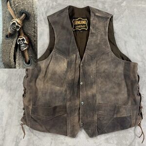 Suede Genuine Leather Vest Mens 3XL Patina Gilet Skulls Biker Western Brown